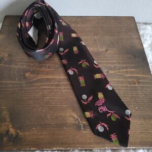 Vintage Countess Wara Pineapple Cherry Print Black 100% Silk Men's Tie